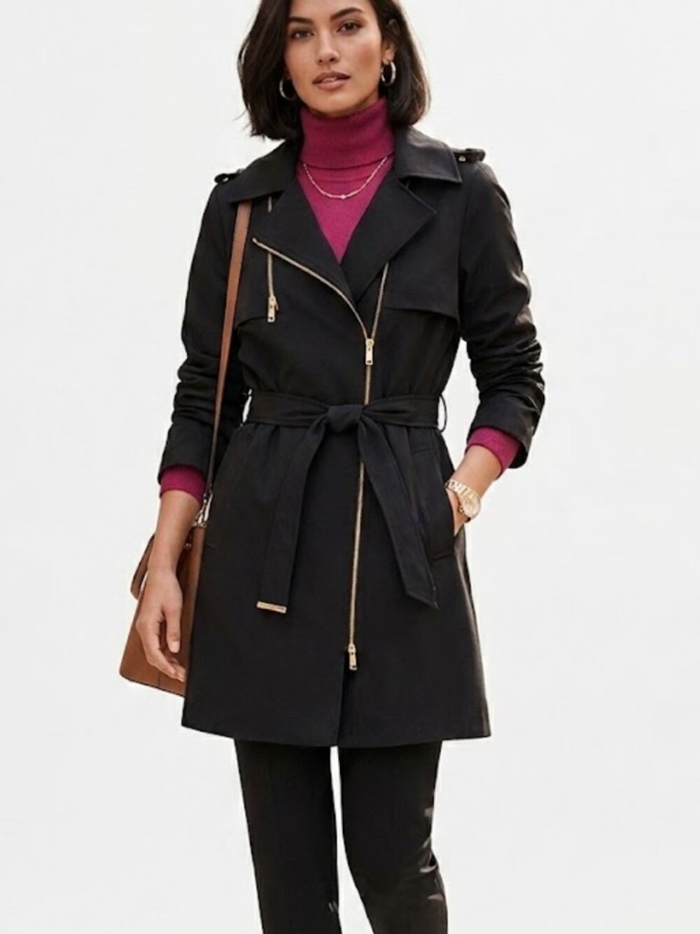 Michael Kors NWOT Black Asymmetrical zip Hooded Tie belted Trench Jacket sz 3X